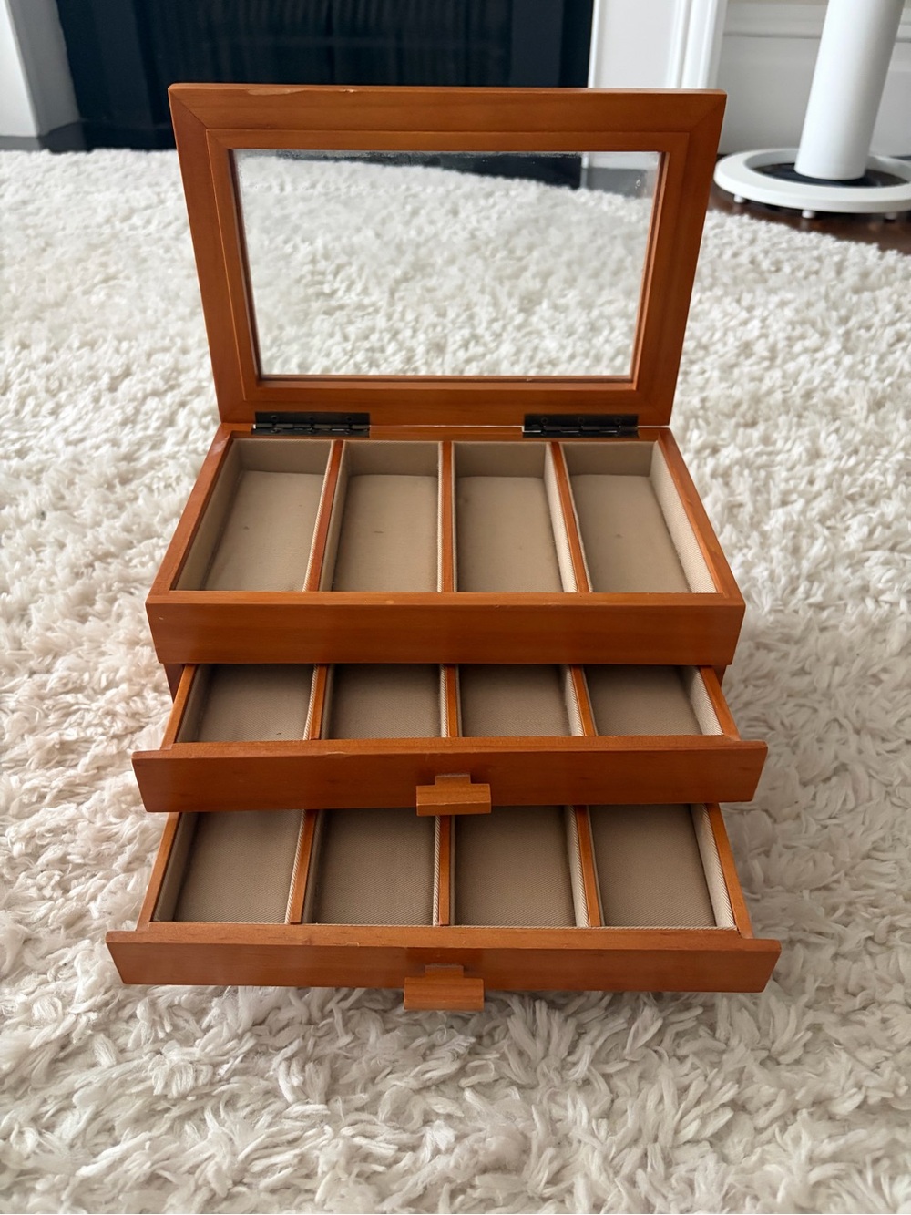 Wood Finish Jewelry Organizer Box with Mirror - Tan